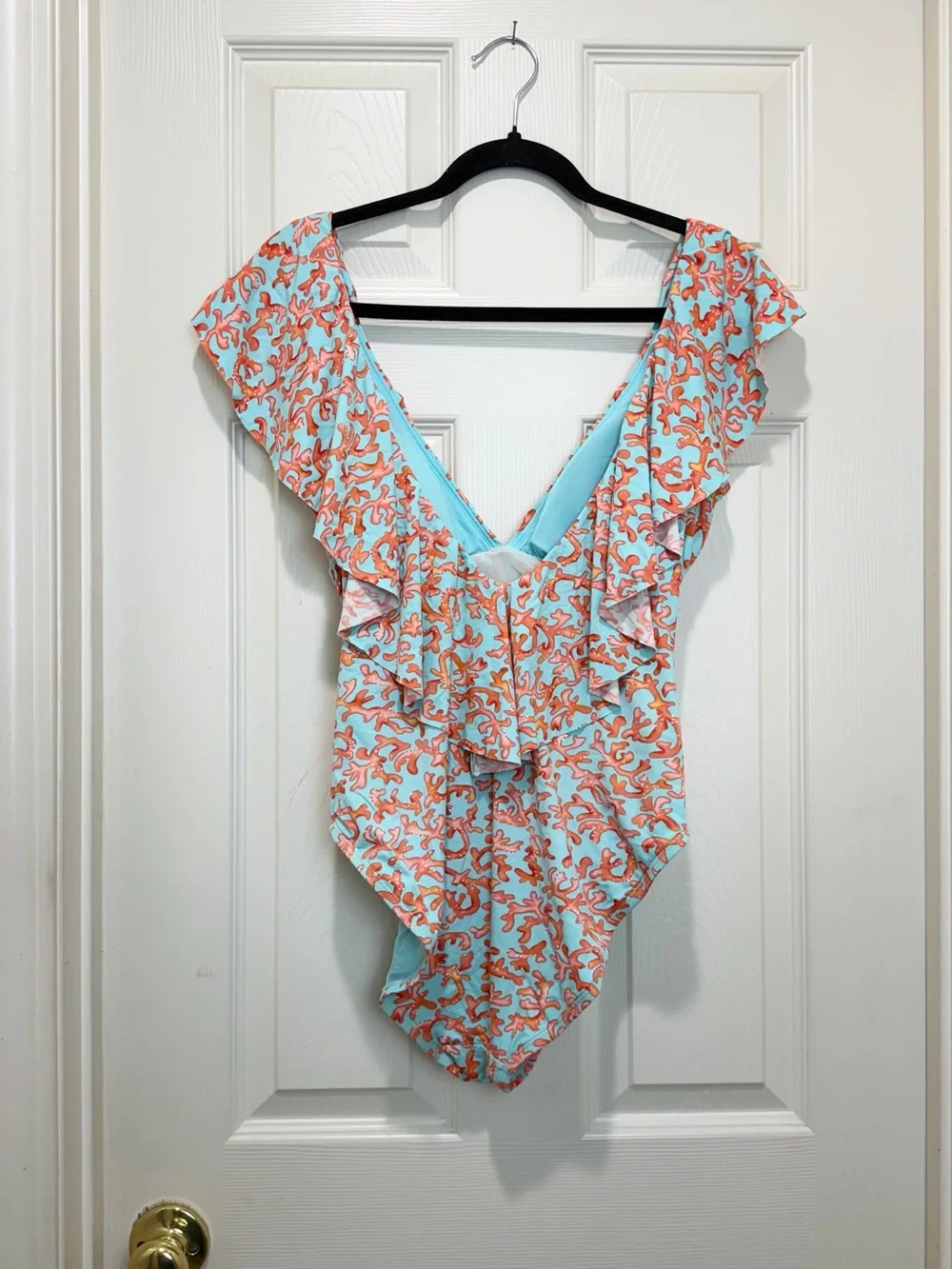 Tommy Bahama Aqua One-Piece Swimsuit with Coral Print and Ruffle Shoulders Sz 10